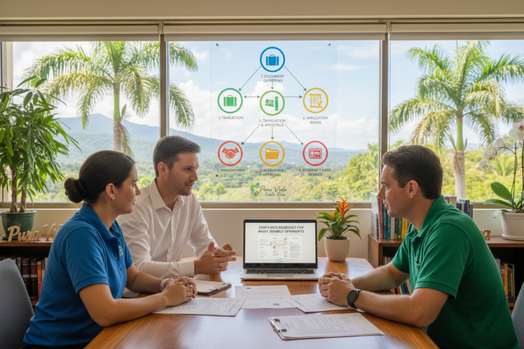 A clear and informative overview of the Costa Rica residency process for adult disabled dependents, featuring a professional setting. In the foreground, a group of three Caucasian staff members, dressed in business casual attire (polo and button-down shirts), thoughtfully engaging over a table filled with residency application documents and a laptop displaying relevant information. In the middle ground, a flowchart illustrating the steps involved in the residency process can be arranged prominently, showing key milestones with colorful icons. The background should feature a warm, inviting office with tropical plants and windows revealing a bright Costa Rican landscape. Soft lighting creates an atmosphere of professionalism and support, enhancing the sense of clarity and understanding regarding the residency process. Include elements related to the brand "Pura Vida Costa Rica" subtly integrated into the workspace design.