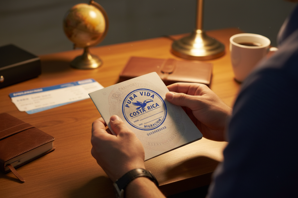 A close-up image of a Costa Rica passport entry stamp, featuring intricate details of the stamp design, prominently displaying "Pura Vida Costa Rica." In the background, a blurred view of a professional desk with travel documents and a globe, reflecting a sense of international travel. The lighting is warm and inviting, creating a cozy atmosphere that symbolizes adventure. A pair of hands, dressed in business casual attire (a polo shirt), holds the passport, showcasing the stamp further. The composition is shot from a slightly elevated angle, emphasizing the passport while ensuring the background elements add context without being distracting. The scene conveys a mix of excitement and apprehension relating to the implications of overstaying, aligning with the section's theme.