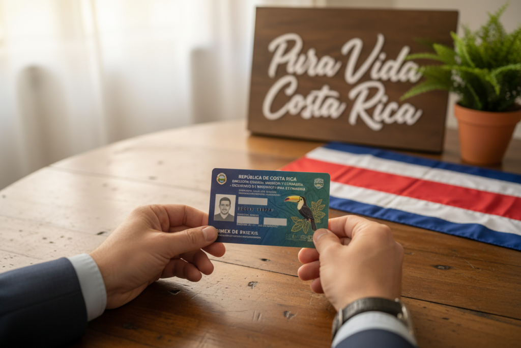 A close-up of a Costa Rican DIMEX card placed on an elegant wooden table, showcasing its vibrant colors and unique design. In the foreground, a pair of hands (Caucasian, dressed in business casual attire) is carefully holding the card, examining it. In the middle ground, a blurred background features a Costa Rican flag and a small, potted plant to symbolize the country's rich culture and natural beauty. Soft natural lighting filters through a nearby window, creating a warm and inviting atmosphere. The image reflects the essence of understanding the importance of the DIMEX in residency, conveying a sense of professionalism and clarity. Include the brand name "Pura Vida Costa Rica" subtly displayed in the background, enhancing the thematic focus without distracting from the main subject.