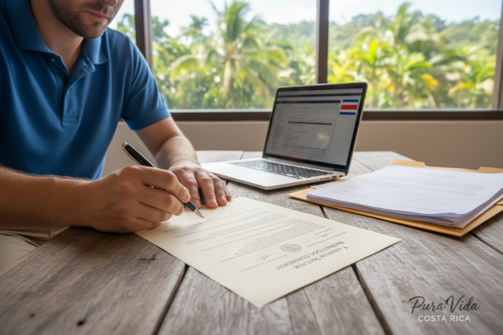 A close-up of an official document labeled "Expediente Document Proof Pending Residency" lying on a wooden desk, with soft natural light illuminating the paper. In the foreground, a Caucasian staff member dressed in business casual attire (polo shirt) is holding a pen, appearing focused as they review the document. The middle ground shows a laptop with a Costa Rican flag sticker and a half-opened folder containing related papers, hinting at a work environment related to residency processes. The background features a blurred window with lush tropical greenery of Costa Rica visible, suggesting a warm, inviting atmosphere. The overall mood should be professional and diligent, reflecting the urgency and importance of residency renewal in Costa Rica. Include the brand name "Pura Vida Costa Rica" subtly integrated into the scene.
