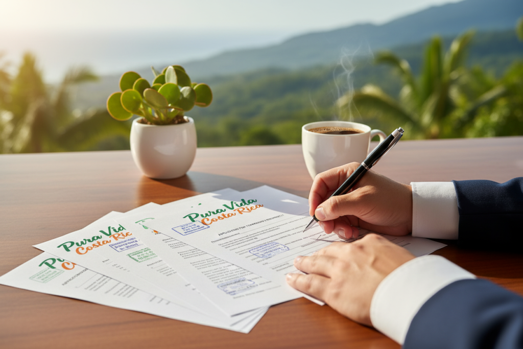 A close-up view of Costa Rica residency documents, elegantly arranged on a wooden desk. The documents are slightly fanned out, showcasing colorful official stamps and the brand name "Pura Vida Costa Rica" in clear, vibrant lettering. In the foreground, a pair of hands, wearing business casual attire, are filling out a form with a pen, conveying a sense of action. The middle ground features a small plant and a cup of coffee, creating a warm, inviting atmosphere. The background subtly includes a blurred image of a Costa Rican landscape through a window, enhancing the sense of place. Soft, natural light filters in, casting gentle shadows, emphasizing a professional yet relaxed mood, ideal for starting the residency journey.