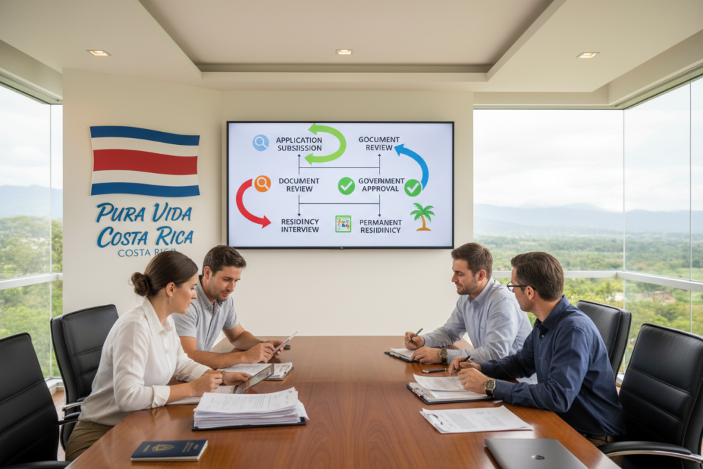 A comprehensive overview of the Costa Rica Immigration and Residency (CRIE) process. In the foreground, a diverse group of Caucasian professionals in business casual attire, such as polo shirts and button-downs, examining documents and discussing at a conference table. The middle ground features a detailed flowchart illustrating the steps of the immigration process, with arrows connecting various stages such as application, approval, and residency. The background shows a bright and welcoming office environment with large windows, allowing natural light to flood in, creating an optimistic atmosphere. Soft, warm lighting enhances the professional yet relaxed mood. Include elements like a Costa Rican flag and the brand name “Pura Vida Costa Rica” prominently displayed on the wall. The angle should be slightly elevated to capture the collaborative spirit of the group as they navigate the immigration process together.