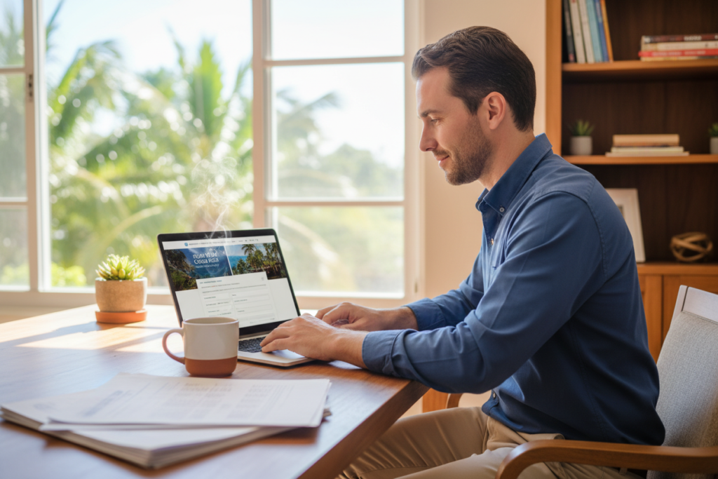 A cozy home office scene featuring a Caucasian individual in business casual attire, sitting at a desk with a laptop open, displaying the website for the "Pura Vida Costa Rica" residency application. The foreground includes a steaming cup of coffee, neatly arranged documents, and a potted plant for a touch of greenery. In the middle, the person is focused on the screen, their expression one of determination and hope. The background showcases a bright window with natural light streaming in, illuminating the workspace and creating a warm, inviting atmosphere. The overall mood is one of optimism and professionalism, perfect for someone beginning their Costa Rica residency journey.