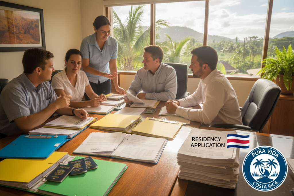 A cozy office space depicting the process of preparing documents for Costa Rica residency. In the foreground, a diverse group of Caucasian staff dressed in business casual clothing (polo shirts and button-downs) is gathered around a large wooden table filled with colorful folders, passports, and residency forms, actively discussing requirements. The middle ground should highlight a neatly organized stack of documents labeled “Residency Application” with Costa Rica’s flag and a prominent “Pura Vida Costa Rica” logo on a nearby desk. In the background, a window allows soft, natural light to stream in, creating a warm and inviting atmosphere. The scene should convey a sense of professionalism, collaboration, and determination, suggesting the beginning of an important journey for families.
