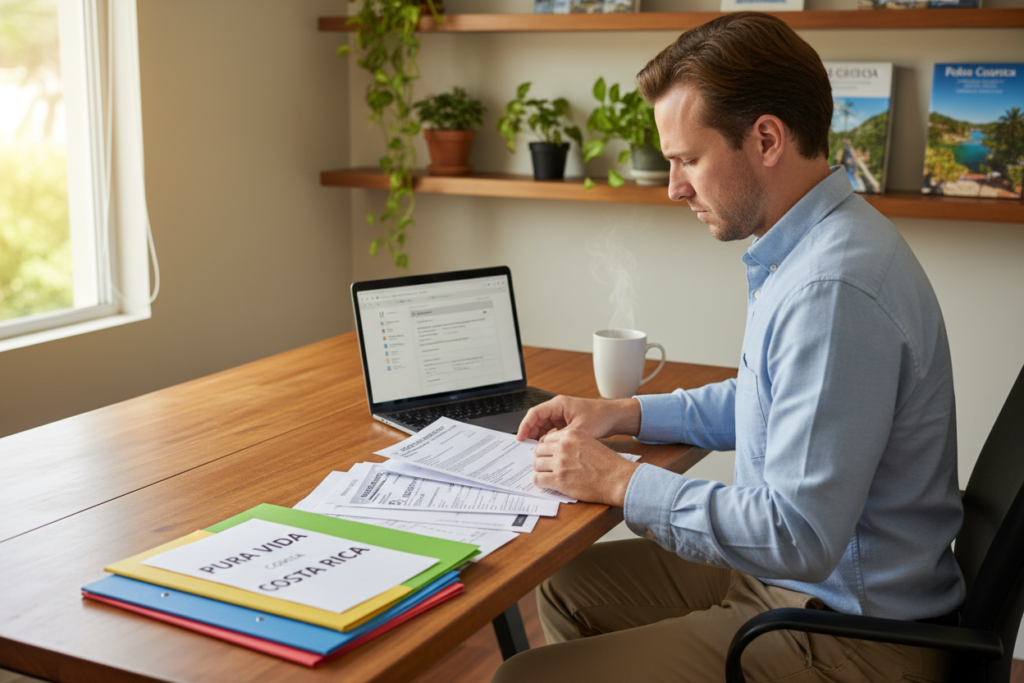 A cozy, well-lit home office setting in the foreground, featuring a Caucasian person wearing business casual attire—specifically a light blue button-down shirt and khaki pants—sitting at a wooden desk. They are intently organizing various documents, including a Costa Rican residency application form, a police clearance certificate, and colorful folders labelled with “Pura Vida Costa Rica.” In the middle, a laptop is open showing a digital checklist, with a cup of coffee nearby emitting steam. The background has a shelf decorated with potted plants and travel books about Costa Rica. Soft, natural lighting filters through a window, creating a warm and inviting atmosphere that conveys professionalism and preparation. The overall mood is focused and diligent, perfect for the task of document preparation.