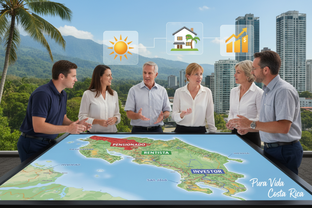 A detailed and professional depiction of Costa Rica's residency categories. In the foreground, a diverse group of Caucasian individuals in business casual attire, such as polo shirts and button-downs, are engaged in a discussion around a large map of Costa Rica, highlighting key regions for Pensionado, Rentista, and Investor categories. In the middle ground, various icons representing each residency type float above the map: a sun for Pensionados, a rental home for Rentistas, and a rising graph for Investors. The background features lush Costa Rican landscapes with palm trees and mountains, combined with elements of urban life like city buildings. Soft, natural lighting enhances the inviting, hopeful atmosphere. The brand name "Pura Vida Costa Rica" is subtly integrated into the scene, reflecting a friendly, welcoming vibe.