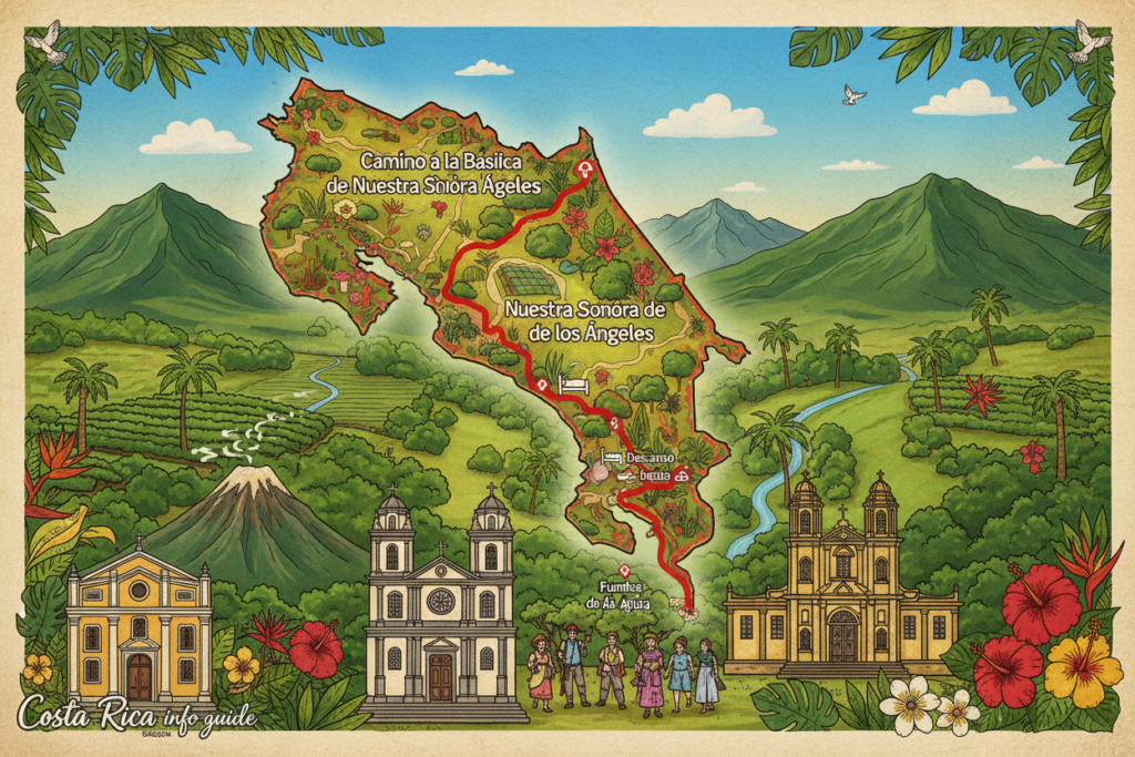 A detailed and vibrant pilgrimage route map of Costa Rica, showcasing the path to the Basilica de Nuestra Señora de los Ángeles. In the foreground, illustrate traditional landmarks and points of interest such as churches and natural attractions, with small icons indicating resting spots and water sources. In the middle ground, depict lush green landscapes, with rolling hills and vibrant flora typical of Costa Rican scenery. In the background, include the silhouette of mountains under a clear blue sky. The overall atmosphere should feel inviting and festive, capturing the spirit of communal celebration. Use warm, natural lighting to convey a sense of joy and harmony. Ensure the map is styled in a realistic manner and represents 'Costa Rica info guide' branding subtly, without any logos or watermarks.