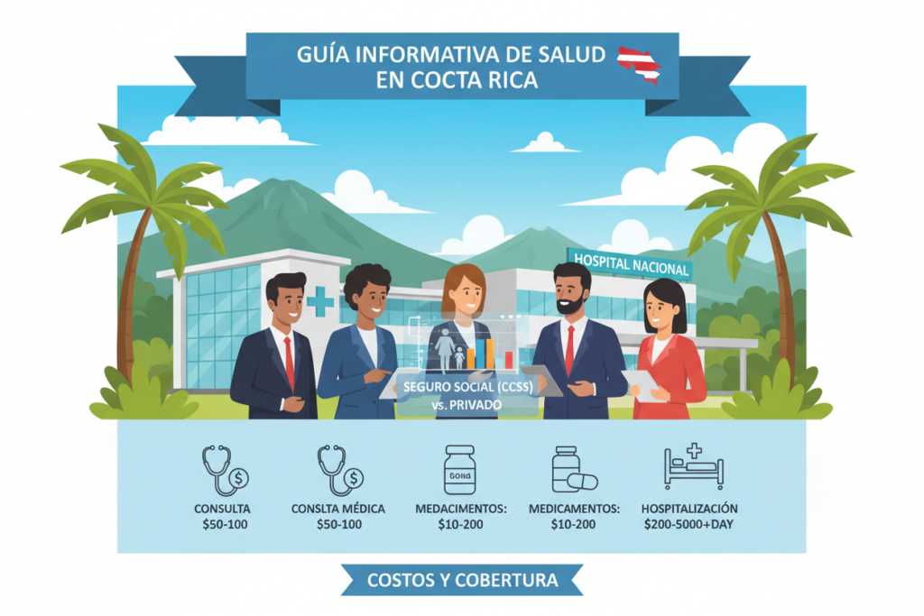 A detailed and visually appealing infographic illustrating healthcare costs and coverage in Costa Rica. In the foreground, smaller icons represent various healthcare services like doctor visits, medication, and hospital care, each with corresponding price tags. The middle layer features a diverse group of people in professional business attire discussing healthcare options, set against a backdrop of a modern Costa Rican hospital. The background shows iconic Costa Rican landscapes, like lush green hills and blue skies, symbolizing the country's natural beauty. Soft, natural lighting enhances the image, creating an optimistic and informative atmosphere. The overall tone is professional and educational, with a focus on clarity and engagement, incorporating elements that reflect the essence of "Costa Rica info guide."