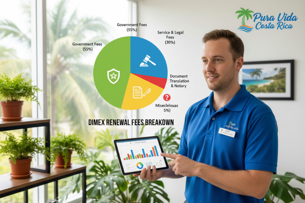 A detailed breakdown of Costa Rica DIMEX renewal fees, visually represented in a structured infographic style. In the foreground, a Caucasian male staff member in a polo shirt examines and points at a digital tablet displaying colorful charts and graphs about the fee breakdown. In the middle, a large, clear pie chart illustrates the different components of the fees, employing vibrant colors and icons to represent each segment. The background features an elegant office setting with subtle greenery, adding a touch of Costa Rica's natural beauty. The lighting is bright and professional, casting soft shadows, enhancing the clarity of the information presented. The overall atmosphere is informative yet inviting, with the brand name "Pura Vida Costa Rica" subtly incorporated into the design, emphasizing a warm, welcoming vibe. A detailed breakdown of Costa Rica DIMEX renewal fees, visually represented in a structured infographic style. In the foreground, a Caucasian male staff member in a polo shirt examines and points at a digital tablet displaying colorful charts and graphs about the fee breakdown. In the middle, a large, clear pie chart illustrates the different components of the fees, employing vibrant colors and icons to represent each segment. The background features an elegant office setting with subtle greenery, adding a touch of Costa Rica's natural beauty. The lighting is bright and professional, casting soft shadows, enhancing the clarity of the information presented. The overall atmosphere is informative yet inviting, with the brand name "Pura Vida Costa Rica" subtly incorporated into the design, emphasizing a warm, welcoming vibe.