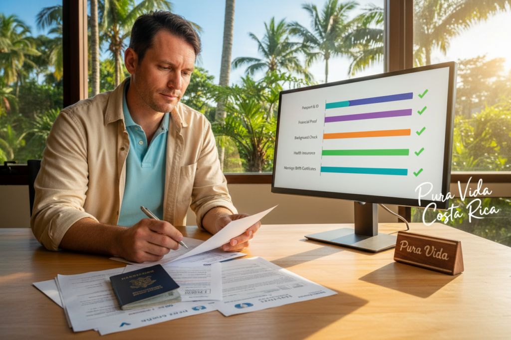 A detailed document checklist for obtaining Pensionado residency in Costa Rica, arranged neatly on a clean, wooden desk. In the foreground, a stack of essential documents—passport, financial statements, and health insurance forms—are prominently displayed. In the middle, a computer screen shows an organized digital checklist, with vibrant colors representing each document. The background features a large window with a view of lush green Costa Rican trees, letting in warm, natural sunlight that creates a bright and inviting atmosphere. A Caucasian professional staff member, dressed in business casual attire (polo shirt and button-down), is seen thoughtfully reviewing the documents. The overall mood is focused yet relaxed, capturing the essence of preparing for a smooth application process with “Pura Vida Costa Rica” subtly incorporated into the setting, enhancing the cultural connection.