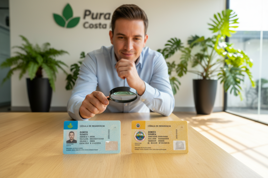 A detailed, focused image illustrating the differences in Costa Rica residency identification cards, specifically the DIMEX cards. In the foreground, depict two DIMEX cards side by side on a wooden table, showcasing their distinct features like colors, logos, and holograms. The middle ground features a friendly, Caucasian staff member dressed in business casual attire (polo/button-down) examining the cards with a thoughtful expression. In the background, subtly include elements indicative of a Costa Rican office setting, such as potted plants and natural light streaming in through a window. The ambiance conveys a professional, informative atmosphere. Soft focus on the background enhances the clarity of the cards while highlighting "Pura Vida Costa Rica" branding elements. The lighting should be bright and welcoming to evoke a sense of positivity.