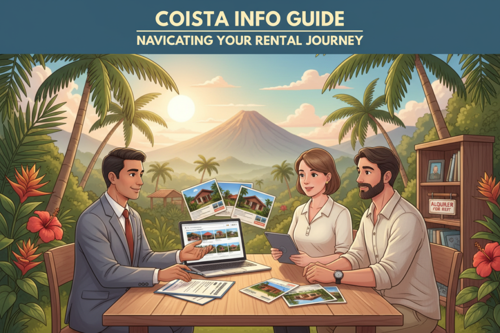 A detailed illustration depicting the rental process of a house in Costa Rica. In the foreground, a diverse group of three individuals—one Costa Rican man in a business suit, one woman in modest business attire, and one expatriate in casual but neat clothing—are discussing a rental agreement at a wooden table. In the middle ground, there are colorful real estate listings and a laptop displaying rental options. The background features a lush, tropical Costa Rican landscape with palm trees and vibrant flora, symbolizing the country’s natural beauty. The scene is bathed in warm, natural lighting, capturing a welcoming and informative atmosphere. This image is designed for the “Costa Rica info guide," focused on the key steps in navigating the rental process.