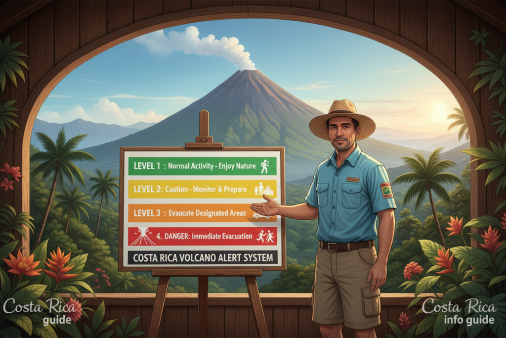 A detailed illustration showcasing "volcano alert levels and safety" in relation to Costa Rica. In the foreground, include a professional guide in modest clothing, pointing at a colorful chart displaying various volcano alert levels, such as green to red, representing threats. In the middle ground, depict a scenic view of an active volcano, with gentle plumes of smoke rising against a clear blue sky. The background should feature lush Costa Rican landscapes, highlighting vibrant green forests and distant mountains. Use natural lighting to create a warm, informative atmosphere. The image must exude a sense of urgency balanced with safety, emphasizing local guidance and awareness. The branding "Costa Rica info guide" should subtly integrate into the scene without dominating the artwork.