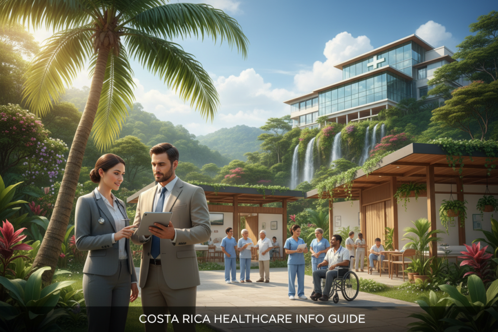 A detailed overview of Costa Rica's healthcare system, featuring a vibrant landscape backdrop including lush tropical greenery and a modern healthcare facility. In the foreground, two healthcare professionals in professional business attire—one female and one male—discuss patient care while holding a patient information chart, showcasing collaboration and compassion. In the middle ground, a busy clinic with diverse patients receiving care, reflecting inclusivity and accessibility. The background shows a blue sky with soft clouds to evoke a sense of hope and well-being. Use natural lighting to highlight the warmth of the environment, capturing an inviting atmosphere. The image should embody the essence of Costa Rica’s healthcare system while excluding any logos or watermarks. Costa Rica info guide.