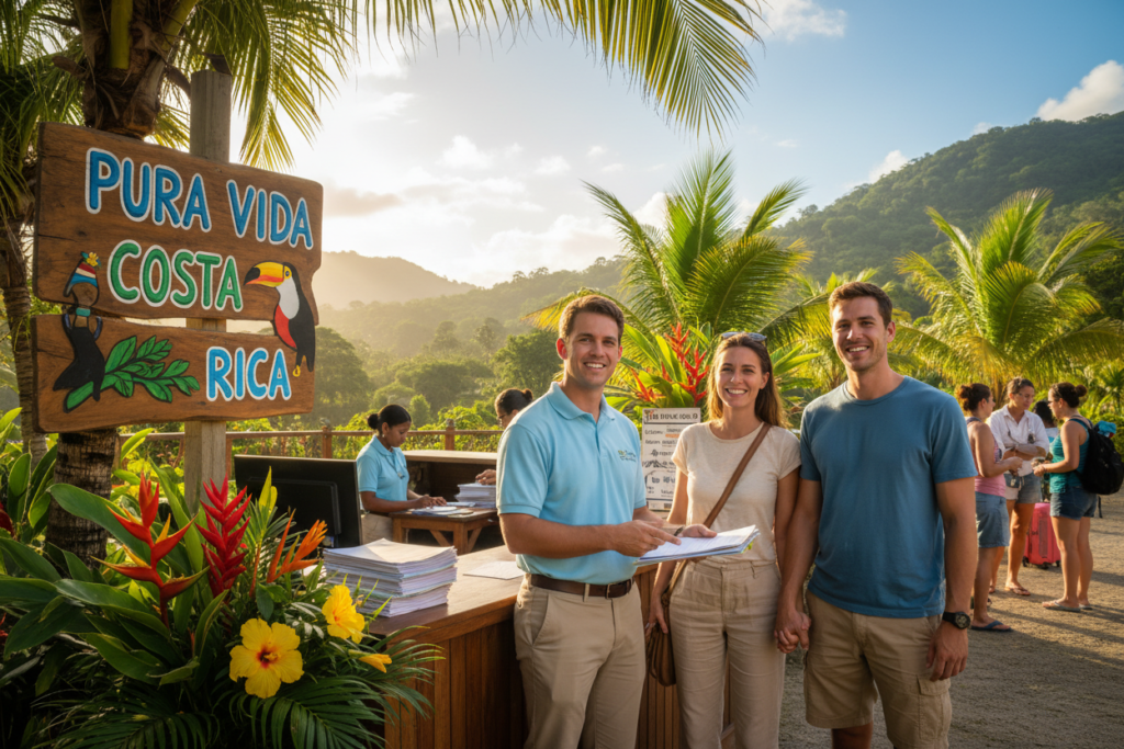 A detailed scene capturing a sunny outdoor Costa Rican customs office bustling with activity. In the foreground, a friendly Caucasian staff member in business casual attire (polo shirt and khakis) is engaging with a cheerful expat couple, providing guidance on customs duties. They are amidst colorful Costa Rican flora, such as palm trees and tropical flowers. The middle background features the customs counter with official documents and a "Pura Vida Costa Rica" sign prominently displayed. In the far background, soft hills and blue skies under warm sunlight add a relaxed, welcoming atmosphere. The image is well-lit, with a focus on the interactions, capturing a mood of helpfulness and positivity, and a sense of community.