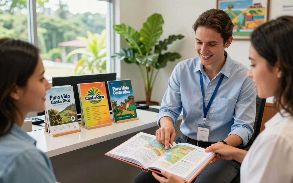 A detailed scene depicting a Costa Rica residency and immigration guide, showcasing a welcoming office environment. In the foreground, a friendly Caucasian staff member dressed in business casual attire (a button-down shirt and slacks) is engaging with a smiling visitor, pointing at an open guidebook filled with maps and information. In the middle ground, colorful brochures featuring "Pura Vida Costa Rica" are displayed on a sleek modern desk, while a tropical plant adds a touch of greenery. The background reveals a large window with natural light pouring in, showing glimpses of lush Costa Rican scenery outside. The atmosphere is warm and inviting, conveying a sense of professionalism and helpfulness, capturing the essence of navigating residency and border run dynamics in Costa Rica.