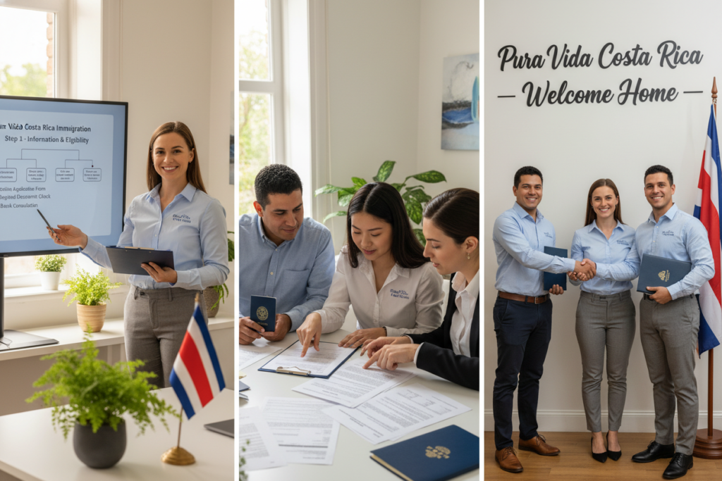 A detailed step-by-step guide to the Costa Rican immigration application process, visually represented. In the foreground, a professionally dressed Caucasian woman in business casual attire (a button-down shirt and trousers) is holding a clipboard and smiling, symbolizing guidance and assistance. In the middle ground, a diverse group of people (Caucasian, Hispanic, and Asian) is engaged in discussion, reviewing documents and forms. They represent potential applicants navigating the immigration process. The background features an office setting with a Costa Rican flag and decorative plants, creating an inviting atmosphere. Natural lighting illuminates the scene, giving it a warm, welcoming feel. The brand "Pura Vida Costa Rica" is subtly integrated into the environment, enhancing the connection to the residency process while maintaining a professional and educational tone.