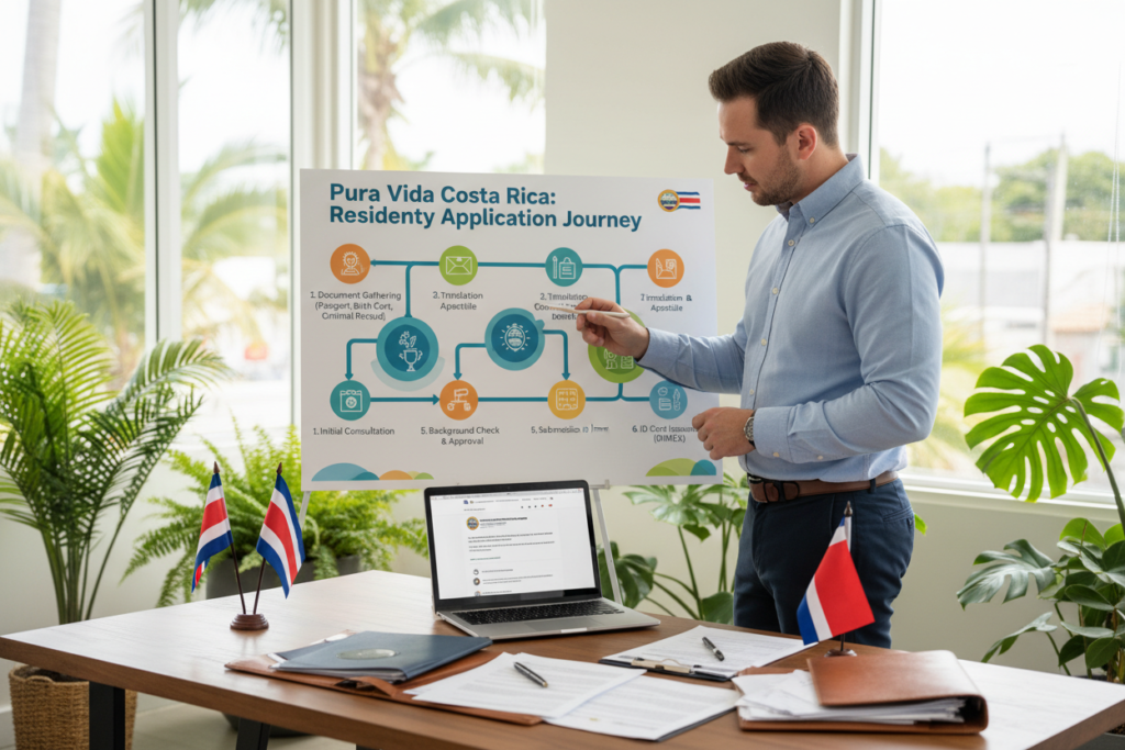 A detailed step-by-step illustration of the Costa Rica residency application process, featuring a professional setting with a Caucasian staff member in business casual attire (polo/button-down shirt). In the foreground, the staff member is reviewing a large, colorful infographic titled "Pura Vida Costa Rica," showcasing key steps of the application process. The middle ground includes an organized workspace with documents, a laptop, and Costa Rican flags, symbolizing the cultural context. The background depicts a bright and welcoming office environment with tropical plants and sunlight filtering through large windows, creating an optimistic and inviting atmosphere. The composition should evoke clarity and professionalism, highlighting the process's importance. The image should be well-lit, with a soft focus on the staff member, emphasizing the infographic.