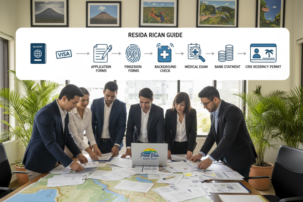 A detailed, step-by-step visual representation of the CRIE residency requirements for Costa Rica. In the foreground, a diverse group of professional individuals (Caucasian staff) in business casual attire, showcasing clear, focused expressions as they work together around a large, cluttered desk filled with paperwork, maps of Costa Rica, and a laptop displaying the "Pura Vida Costa Rica" logo. In the middle, a flowchart with illustrated icons representing each step of the residency process, such as visas and application forms. The background features a bright and inviting office space with Costa Rican decor, large windows allowing natural light to flood in, and gentle green plants that evoke a tropical atmosphere. The overall mood is professional yet approachable, illustrating the guidance and support available for navigating residency in Costa Rica.