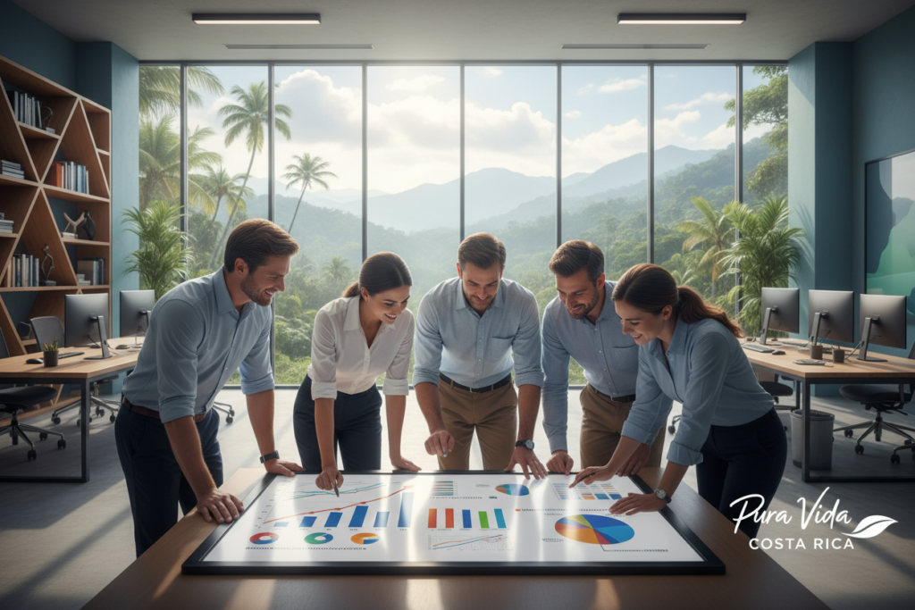 A dynamic office setting representing the economic impact of Costa Rica's Law No. 9996. In the foreground, a diverse group of Caucasian professionals dressed in business casual attire, such as polo shirts and button-downs, are engaged in a discussion around a large tablet displaying charts and graphs. In the middle ground, a window reveals a lush green landscape symbolizing Costa Rica's natural beauty, with tropical plants and mountains in the distance. The background features modern office decor, conveying a sense of innovation and growth. Soft, natural lighting filters through the window, casting warm hues and creating an upbeat, professional atmosphere. Include a logo for "Pura Vida Costa Rica" subtly in the scene to represent the brand.