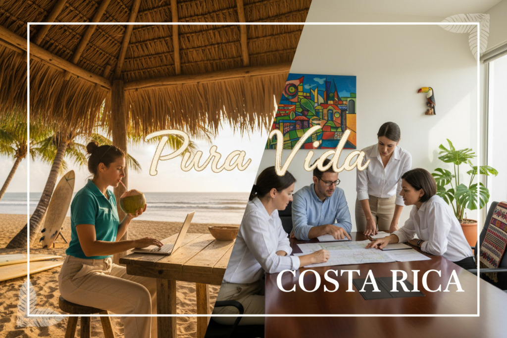 A dynamic split-scene image showcasing "Digital Nomad versus Residency in Costa Rica." On the left, a Caucasian woman in business casual attire (polo shirt and slacks) works on her laptop at a vibrant beachside café, with palm trees and the ocean in the background, under warm golden sunlight. On the right, a serene office setting depicts a diverse group of Caucasian individuals in business casual clothing discussing legal documents related to residency, with Costa Rican cultural elements, like local art, subtly displayed. The light is soft and inviting, conveying a balance between the freedom of nomadic life and the stability of residency. The backdrop should emphasize the essence of Costa Rica, with the words "Pura Vida Costa Rica" artistically integrated into the scene. The overall mood is uplifting and thought-provoking, highlighting key distinctions between lifestyles.