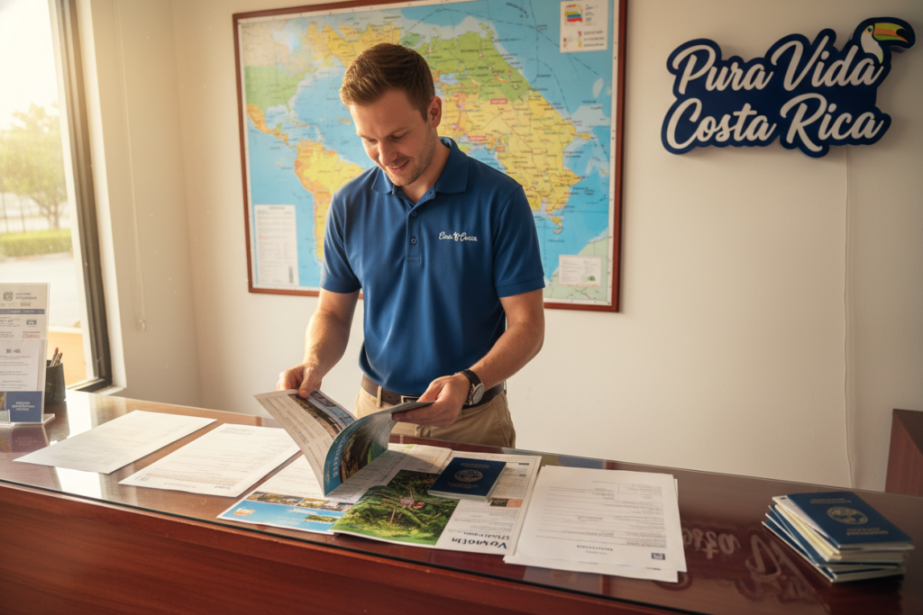 A focused image of a professional business setting that illustrates "Costa Rica entry requirements passport". In the foreground, a Caucasian male staff member in business casual attire, wearing a polo shirt, is examining a Costa Rican passport and brochures on a sleek desk. In the middle ground, there are various travel documents, including visa application forms and health protocol leaflets. The background features a colorful map of Costa Rica and a vibrant "Pura Vida Costa Rica" sign, emphasizing the country's welcoming nature. Soft, natural lighting filters through a nearby window, casting a warm glow over the scene, creating an inviting and informative atmosphere. Camera angle is slightly above eye level, providing a clear view of the materials on the desk while keeping focus on the staff member’s engaged expression.