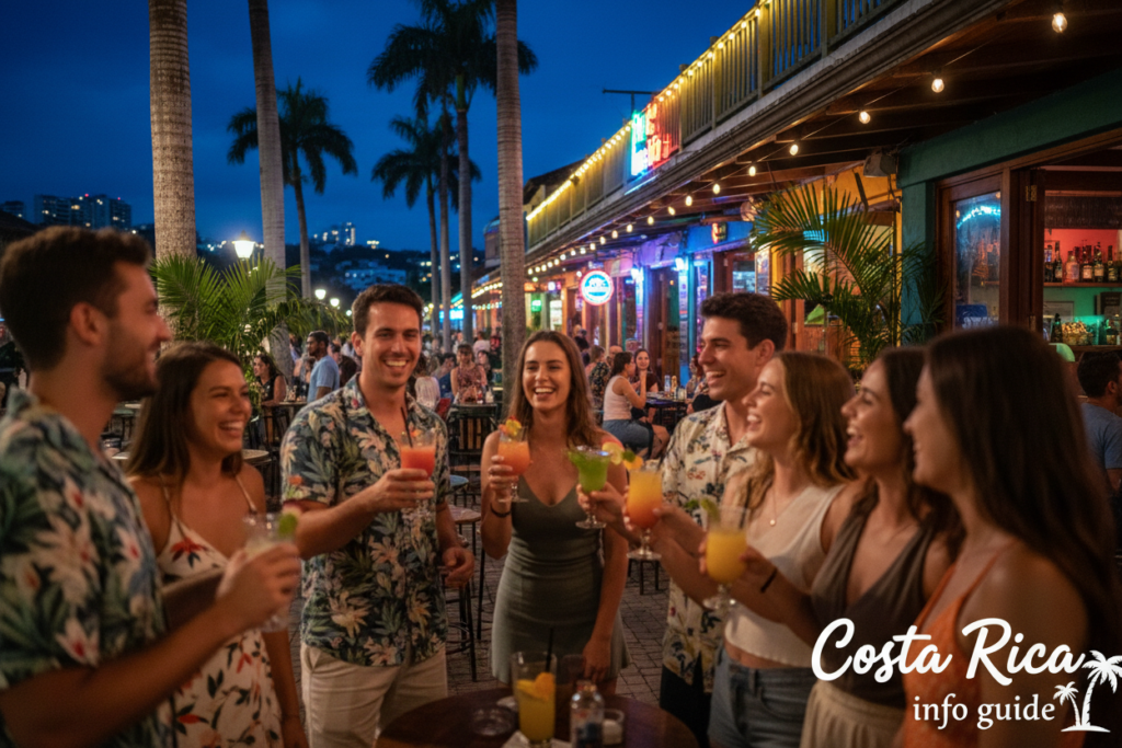 A lively nightlife scene in Costa Rica, showcasing a vibrant street filled with people enjoying an evening out. Foreground: groups of young adults socializing, dressed in modest casual clothing, laughing and toasting with drinks. Middle ground: colorful bars and cafes with outdoor seating, illuminated by warm, inviting lights, and adorned with tropical decor. Background: palm trees swaying gently in the night breeze, with the faint outline of a bustling city skyline under a starry sky. The scene captures the energetic atmosphere of Costa Rica's nightlife, radiating joy and community. Use soft focus for the foreground, enhancing the warmth and excitement of the moment. The image should represent the essence of Costa Rica's vibrant culture, branded with "Costa Rica info guide."