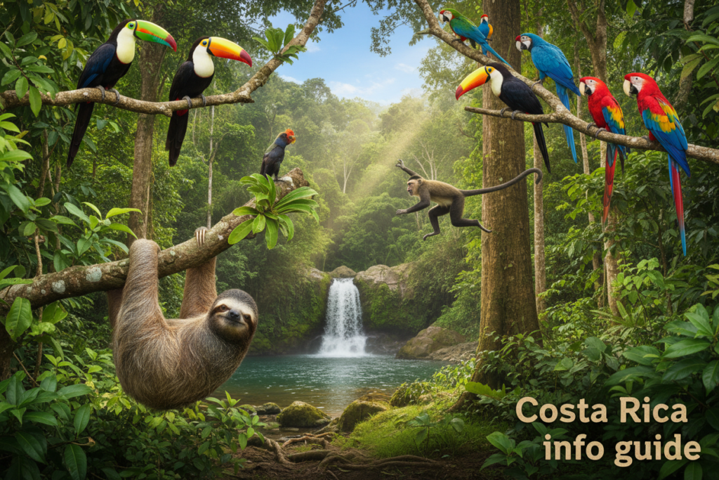 A lush Costa Rican rainforest teeming with vibrant wildlife, featuring a variety of animal habitats. In the foreground, a curious sloth hangs from a tree branch, surrounded by bright green leaves, while colorful toucans and parrots perch above. In the middle ground, a playful monkey swings between the trees, and a small waterfall cascades down rocks, creating a serene atmosphere. The background showcases dense jungle foliage under a clear blue sky, with soft sunlight filtering through the canopy, casting dappled shadows on the forest floor. The image conveys a sense of adventure and the rich biodiversity of Costa Rica's wildlife, perfect for the "Costa Rica info guide."
