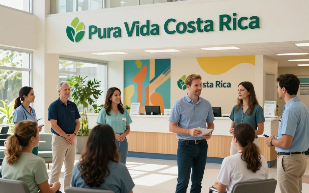 A modern healthcare facility in Costa Rica, featuring the Caja healthcare system, prominently displaying the brand name "Pura Vida Costa Rica". In the foreground, a diverse group of Caucasian healthcare professionals in business casual attire, such as polo shirts and button-downs, engage with patients. The middle ground showcases a friendly reception area with plants and natural light filtering through large windows, creating a welcoming atmosphere. The background features colorful murals and signage related to healthcare and wellness, emphasizing accessibility. The lighting is bright and inviting, with soft shadows, capturing the essence of hope and support for those with pre-existing health conditions. The image should evoke a sense of community, care, and the promise of quality healthcare in Costa Rica.