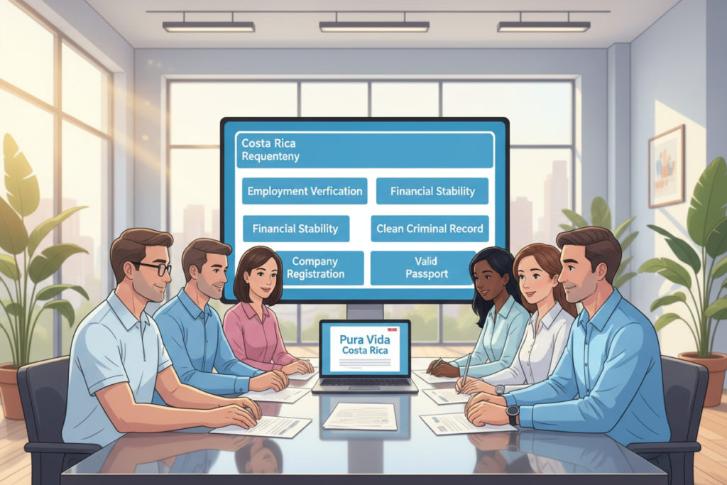 A modern, informative illustration depicting the eligibility criteria for Costa Rica residency for company representatives. In the foreground, a diverse group of professional Caucasian business employees in smart business casual attire (polo shirts and button-downs, no ties or jackets) gather around a sleek table filled with documents and a laptop displaying the title "Pura Vida Costa Rica." The middle ground showcases a digital display with highlighted criteria like "Employment Verification" and "Financial Stability.” In the background, a bright and airy office space with large windows allowing natural sunlight to filter in, plants adding a touch of greenery. The atmosphere is engaging and professional, representing opportunities and success in Costa Rica residency.