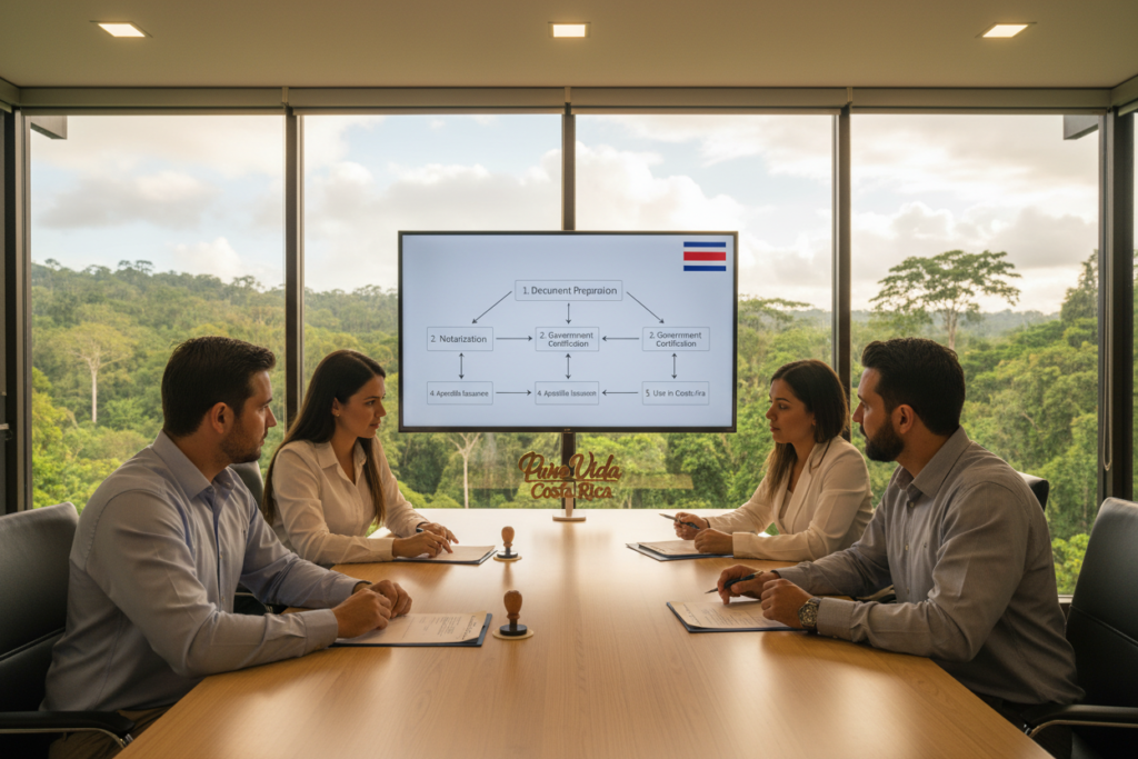 A modern office setting displaying the Hague Convention apostille process related to Costa Rica's residency requirements. In the foreground, a diverse group of four professionals, including Caucasian staff in business casual attire (polo/button-down shirts), are gathered around a sleek wooden table with documents and an apostille stamp prominently featured. In the middle, a large computer screen displays a step-by-step digital illustration of the apostille process with Costa Rica's flag in the corner. In the background, the office has large windows showcasing a view of Costa Rica's lush landscape, under soft, warm lighting to create an inviting atmosphere. The mood is collaborative and focused, emphasizing professionalism and clarity, with a subtle branding element of "Pura Vida Costa Rica" on the office wall.