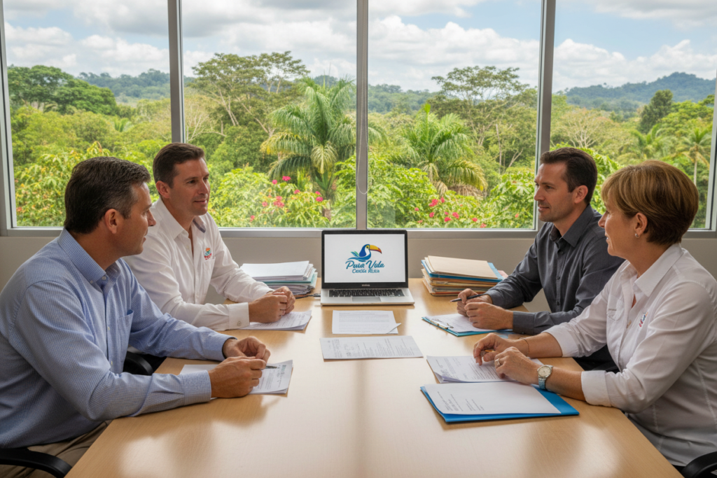 A modern office setting showcasing the Costa Rican residency process. In the foreground, a diverse group of three Caucasian individuals, dressed in business casual attire like polo shirts and button-downs, are engaged in conversation while reviewing documents related to immigration. The middle layer features a desk filled with forms, a laptop displaying the "Pura Vida Costa Rica" logo, and paperwork scattered around. The background has a large window with a view of lush Costa Rican greenery, subtly highlighting the country's natural beauty. Soft, natural lighting illuminates the scene, creating a warm and welcoming atmosphere, with a focus on professionalism and clarity in the residency process. A modern office setting showcasing the Costa Rican residency process. In the foreground, a diverse group of three Caucasian individuals, dressed in business casual attire like polo shirts and button-downs, are engaged in conversation while reviewing documents related to immigration. The middle layer features a desk filled with forms, a laptop displaying the "Pura Vida Costa Rica" logo, and paperwork scattered around. The background has a large window with a view of lush Costa Rican greenery, subtly highlighting the country's natural beauty. Soft, natural lighting illuminates the scene, creating a warm and welcoming atmosphere, with a focus on professionalism and clarity in the residency process.