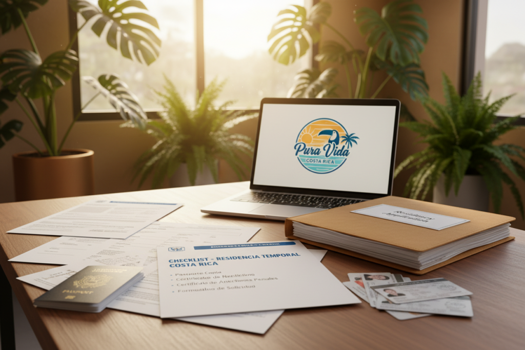 A modern, organized Costa Rica residency document checklist laid out on a wooden desk. In the foreground, various documents like application forms, identification, and proof of income are neatly arranged, some partially open to reveal text. In the middle ground, a well-organized folder labeled “Residency Application” holds additional paperwork, beside a laptop displaying the "Pura Vida Costa Rica" logo on the screen. The background features a soft-focus view of a warm, tropical office setting with potted plants and a bright window letting in natural light, creating an inviting atmosphere. The scene captures a professional, yet relaxed mood, ideal for individuals preparing their residency applications. Use a warm color palette to enhance the inviting feel.