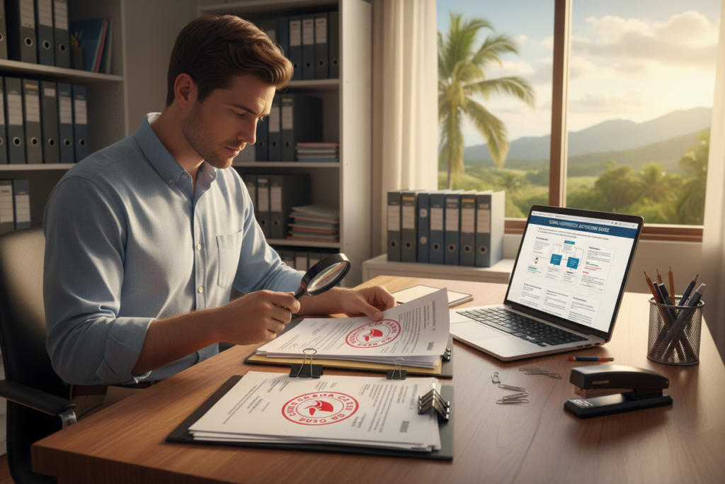 A neatly organized workspace featuring an array of documents ready for apostille processing, including a birth certificate and marriage certificate stamped with the "Pura Vida Costa Rica" branding. In the foreground, a focused Caucasian professional in business casual attire, such as a light button-down shirt, is reviewing the documents on a wooden desk. The middle ground showcases various office supplies, like a stapler, paper clips, and a laptop open to an apostille application guide. The background reveals a softly lit office with shelves of organized files and a window showing a glimpse of Costa Rican scenery, conveying an industrious and professional atmosphere. The lighting is warm, creating a sense of clarity and purpose.