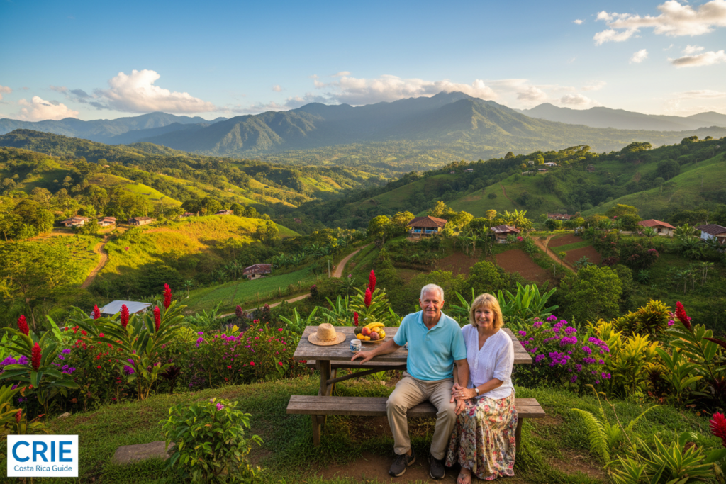 A panoramic view of Costa Rica's Central Valley, showcasing lush green hills and valleys under a bright blue sky. In the foreground, a couple, dressed in modest casual clothing, enjoys the tranquil landscape while seated at a wooden picnic table surrounded by tropical plants and flowers. In the middle ground, charming local homes and small farms spread across rolling hills, with vibrant gardens reflecting local flora. The background features distant mountains, softly illuminated by warm, golden sunlight during the early evening. The scene conveys a peaceful and inviting atmosphere, with natural beauty that emphasizes the ideal lifestyle for retirees. Crisp details enhance the image, including a wide-angle perspective that captures the expansive scenery. CRIE Costa Rica Guide.