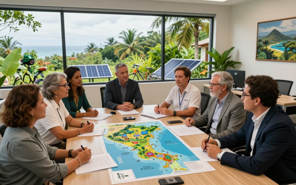 A picturesque overview of Costa Rica's vibrant tourism, featuring a modern office setting where diverse Caucasian staff, dressed in professional business casual attire, discuss the new tourism bill. In the foreground, a large table is filled with documents and maps showcasing Costa Rica's lush landscapes and popular destinations like rainforests, beaches, and volcanoes. The middle ground presents a large window displaying a scenic view of a Costa Rican landscape, with tropical greenery and a hint of the ocean. The background highlights elements of eco-friendly tourism, such as solar panels and bicycles. Soft, natural lighting filters through the window, creating an inviting atmosphere. The brand name "Pura Vida Costa Rica" is subtly integrated into the office decor, enhancing the professional yet relaxed vibe of the image.