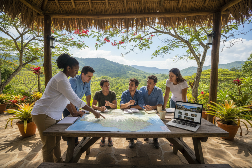 A picturesque scene capturing a diverse group of professionals engaged in a rental search strategy meeting outdoors in Costa Rica. In the foreground, a woman in smart casual attire, pointing to a map spread out on a picnic table, while a man beside her takes notes. In the middle ground, a laptop open with rental listings on the screen, surrounded by tropical plants and flowering trees. In the background, the lush green hills typical of Costa Rica and bright blue skies. The sunlight filters through the leaves, creating a warm, inviting atmosphere, ideal for brainstorming and collaboration. The image should exude a sense of focus, teamwork, and the beauty of renting in Costa Rica, with no distractions or text overlays, reflecting the ethos of "Costa Rica info guide."
