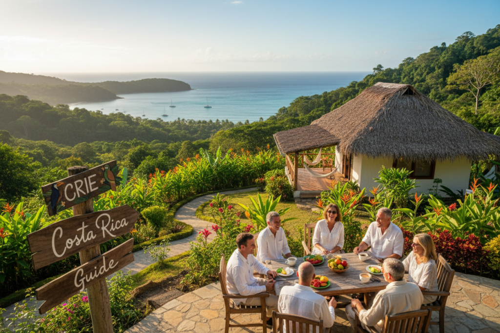 A picturesque scene capturing the vibrant essence of living in Costa Rica, showcasing a charming expat community. In the foreground, depict a diverse group of people in modest casual clothing, engaging in friendly conversation around a café table. The middle ground features lush greenery, colorful tropical flowers, and a cozy bungalow under the warm afternoon sun. The background reveals rolling hills and a distant view of the ocean shimmering in bright blues, enhancing the tranquil vacation atmosphere. Soft, golden lighting creates a welcoming glow, and the angle is slightly elevated, providing a panoramic view. The overall mood is relaxed and inviting, highlighting the lifestyle benefits of retirement in this tropical paradise. Include a subtle reference to "CRIE Costa Rica Guide" in the blend of nature and community imagery, ensuring a seamless integration into the scene.
