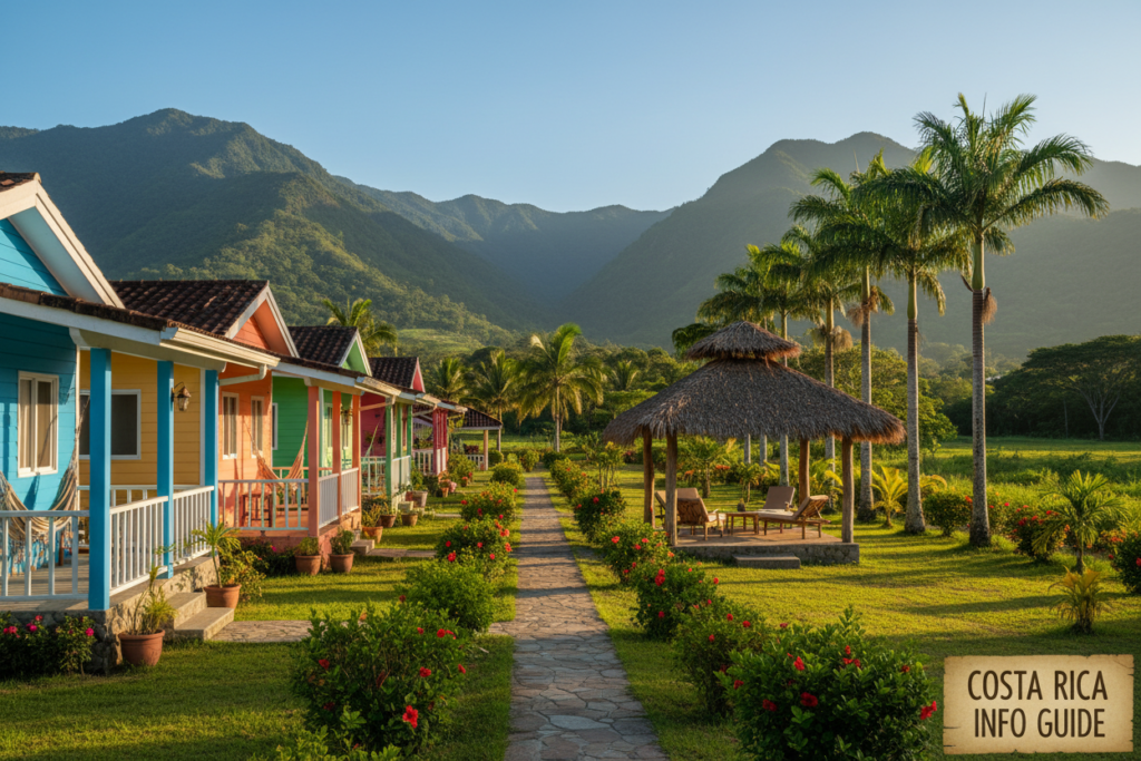 A picturesque scene of rental properties in Costa Rica, showcasing a vibrant collection of charming houses nestled amidst lush tropical greenery. In the foreground, several well-maintained homes with colorful facades and inviting porches are visible, inviting potential renters to explore. The middle ground features palm trees swaying gently in the breeze, with a pathway leading to a cozy gazebo, ideal for relaxation. In the background, stunning mountains rise under a clear blue sky, enhancing the natural beauty of the location. Soft, warm lighting bathes the scene, creating a welcoming and tranquil atmosphere. Capture this idyllic setting with a wide-angle lens, emphasizing the inviting nature of Costa Rican rental options. No people present, ensuring focus on the properties and landscape. This image is for "Costa Rica info guide."