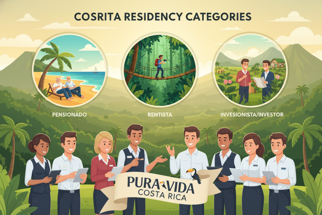 A professional and informative illustration depicting the "Costa Rica Residency Categories" for an article on immigration. In the foreground, a diverse group of Caucasian staff in business casual attire, such as polo shirts and button-downs, are discussing with engaging expressions. The middle ground features symbols representing the three residency categories: Pensionado (a pensioner enjoying a tranquil beach), Rentista (a traveler exploring lush rainforests), and Investor/Inversionista (a person examining local business opportunities). The background shows an iconic Costa Rican landscape, rich in vibrant green foliage and distant volcanoes. The lighting is warm and inviting, suggesting a pleasant afternoon, enhancing the atmosphere of opportunity and relaxation. Include the brand name "Pura Vida Costa Rica" subtly integrated into the design.
