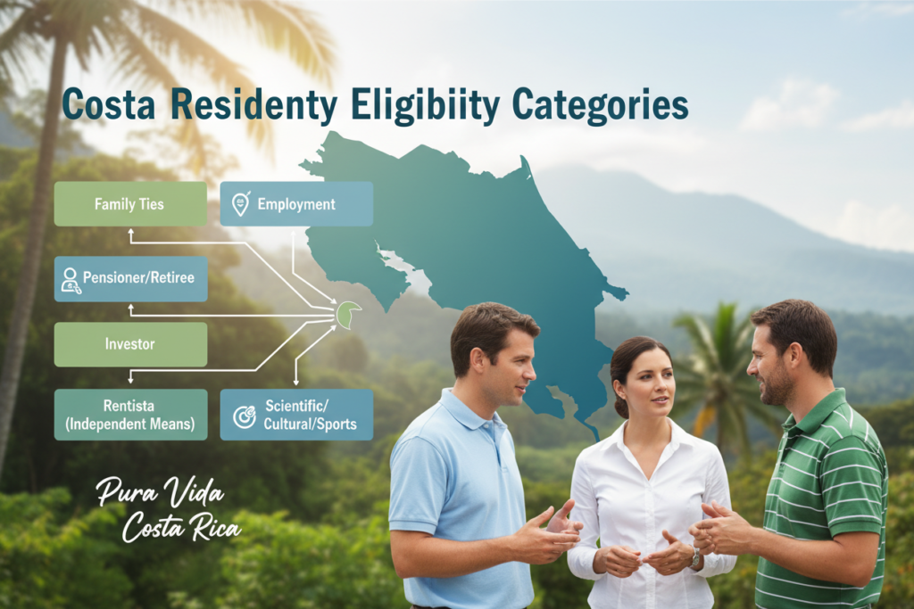 A professional and informative illustration depicting the concept of "Costa Rica residency eligibility categories." In the foreground, a diverse group of three Caucasian staff members in business casual attire (polo shirts and button-down shirts) are engaged in a discussion. The middle ground features an organized chart or infographic displaying various residency categories, such as family ties, employment, and pensioner status, visually connecting to the staff. The background showcases lush Costa Rican scenery, emphasizing the country's natural beauty with greenery and tropical elements. The lighting is bright and inviting, with a warm, uplifting atmosphere that conveys optimism and opportunity. Add the brand name "Pura Vida Costa Rica" subtly integrated into the design without distractions, capturing the essence of life in Costa Rica. A professional and informative illustration depicting the concept of "Costa Rica residency eligibility categories." In the foreground, a diverse group of three Caucasian staff members in business casual attire (polo shirts and button-down shirts) are engaged in a discussion. The middle ground features an organized chart or infographic displaying various residency categories, such as family ties, employment, and pensioner status, visually connecting to the staff. The background showcases lush Costa Rican scenery, emphasizing the country's natural beauty with greenery and tropical elements. The lighting is bright and inviting, with a warm, uplifting atmosphere that conveys optimism and opportunity. Add the brand name "Pura Vida Costa Rica" subtly integrated into the design without distractions, capturing the essence of life in Costa Rica.