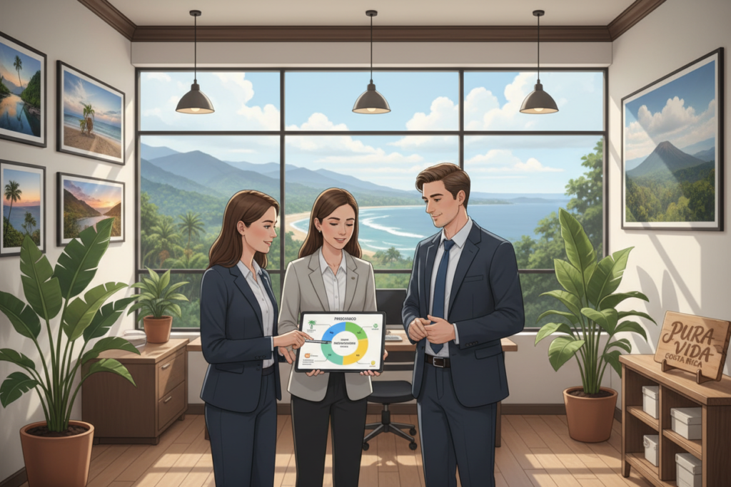 A professional and informative illustration depicting the concept of "Costa Rica residency categories" for an educational guide. The foreground features a diverse group of three Caucasian staff members in smart business casual attire, engaging in a discussion, with one person pointing at a digital tablet showcasing a color-coded chart of residency categories: pensionado, rentista, and other status types. The middle ground includes a stylish modern office setting decorated with Costa Rican landscapes and plants, emphasizing a welcoming atmosphere. The background reveals a vibrant Costa Rican landscape, hinting at popular residency benefits, with soft, natural lighting filtering through large windows, showcasing a tranquil ambiance. The phrase "Pura Vida Costa Rica" is subtly integrated into the decor, embodying the essence of living in Costa Rica while maintaining a professional tone.