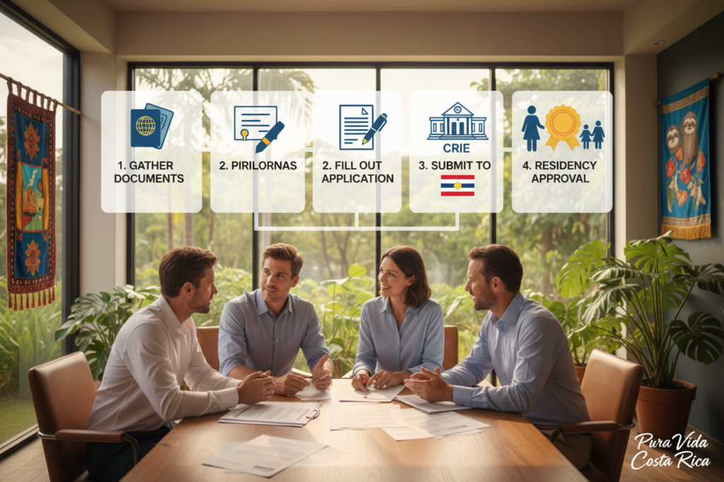 A professional and informative illustration depicting the step-by-step residency process guidance for Costa Rica. In the foreground, a diverse group of Caucasian individuals dressed in business casual attire (polo/button-down shirts) are engaged in discussion around a large table filled with documents, including a birth certificate. In the middle, a clear visual representation of the process steps is arranged in a flowchart style, with arrows connecting each stage, like gathering documents, filling out applications, and submitting to CRIE authorities. The background features a modern office setting with tropical plants and Costa Rican decor. Soft, natural lighting illuminates the scene, creating a warm and inviting atmosphere. Include the brand name "Pura Vida Costa Rica" subtly integrated into the design.