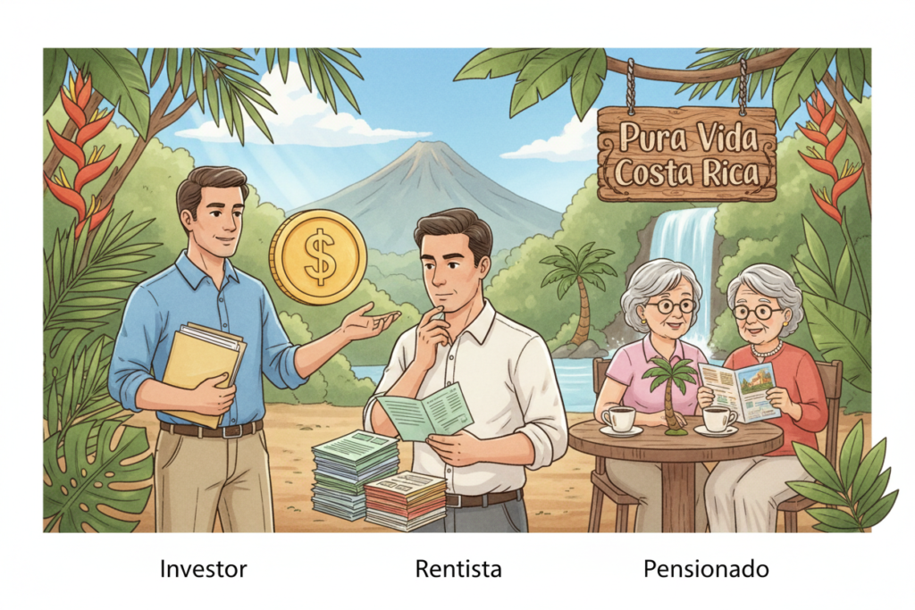 A professional and informative illustration representing the eligibility criteria for Costa Rican residency, showcasing three diverse individuals: an investor in business casual attire holding documents, a rentista examining his financial papers, and a pensionado couple discussing their plans at a cozy café table, all within a vibrant jungle setting typical of Costa Rica. In the background, lush greenery and tropical plants reflect Costa Rica's natural beauty, with soft, warm sunlight filtering through the leaves, creating a welcoming atmosphere. The angle should capture an engaging perspective, focusing on the individuals while ensuring the brand "Pura Vida Costa Rica" is subtly incorporated into a decorative element in the scene, enhancing the overall illustration without distracting from the main subjects.
