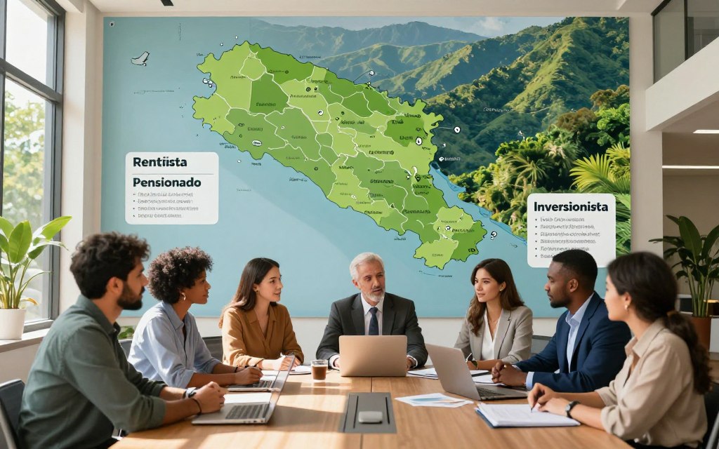 A professional and informative illustration showcasing the eligibility criteria for Costa Rica residency categories: Pensionado, Rentista, and Inversionista. In the foreground, depict a diverse group of individuals, including Caucasian staff dressed in business casual attire, discussing residency applications at a modern office setting. The middle layer features a large, detailed map of Costa Rica highlighting key cities and regions associated with each residency category. In the background, incorporate lush green landscapes typical of Costa Rica, symbolizing its vibrant environment. Utilize natural sunlight filtering through large windows, casting warm shadows across the office space to create an inviting atmosphere. Capture this scene with a wide-angle lens to provide depth and focus on the collaborative discussion, emphasizing professionalism and a welcoming ambiance. Integrate the brand name "Pura Vida Costa Rica" subtly yet prominently within the office environment.