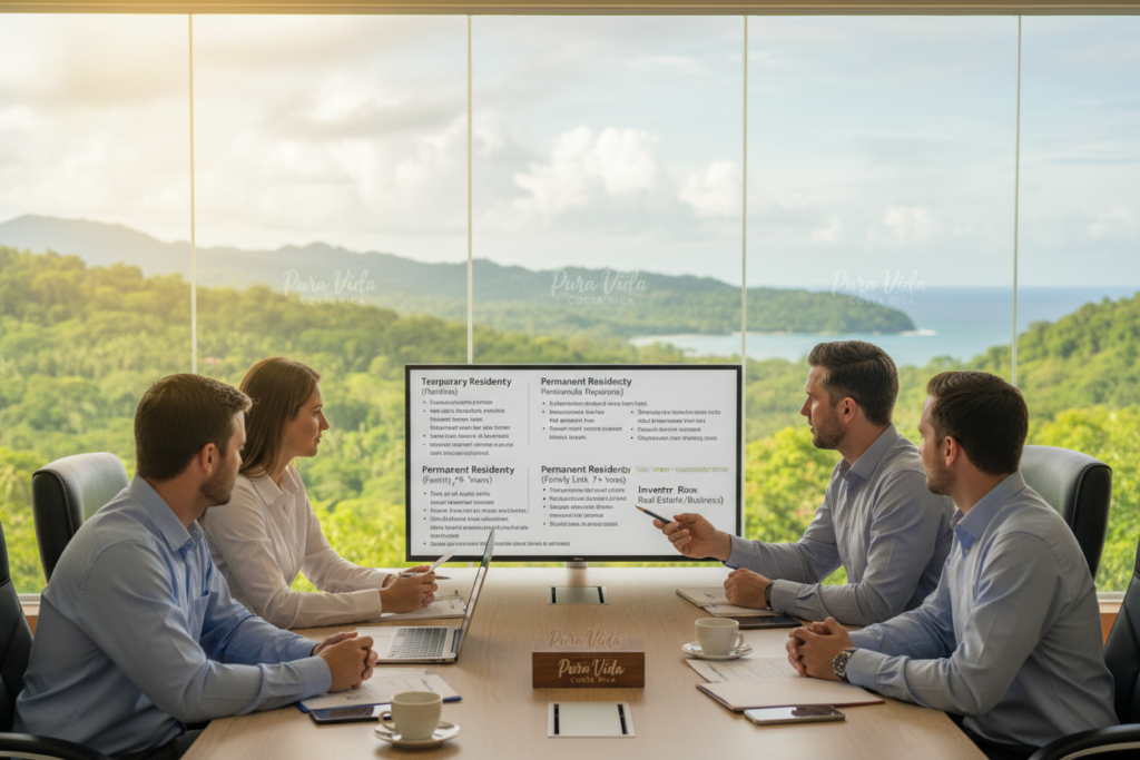 A professional and informative overview of Costa Rica residency categories, featuring a diverse group of Caucasian staff in business casual attire (polo/button-down shirts), gathered around a sleek conference table. In the foreground, a detailed chart or infographic displays the various residency options such as "Temporary Residency," "Permanent Residency," and "Investor Residency." The middle ground includes a few laptops and documents scattered on the table, symbolizing active discussion and planning. The background features a softly blurred coastal landscape that hints at the beauty of Costa Rica, with lush greenery and a hint of ocean. Soft, natural lighting filters in through a large window, creating a warm and inviting atmosphere. The words "Pura Vida Costa Rica" subtly integrated into the scene, reinforcing the brand's positive image and connection to the locale.