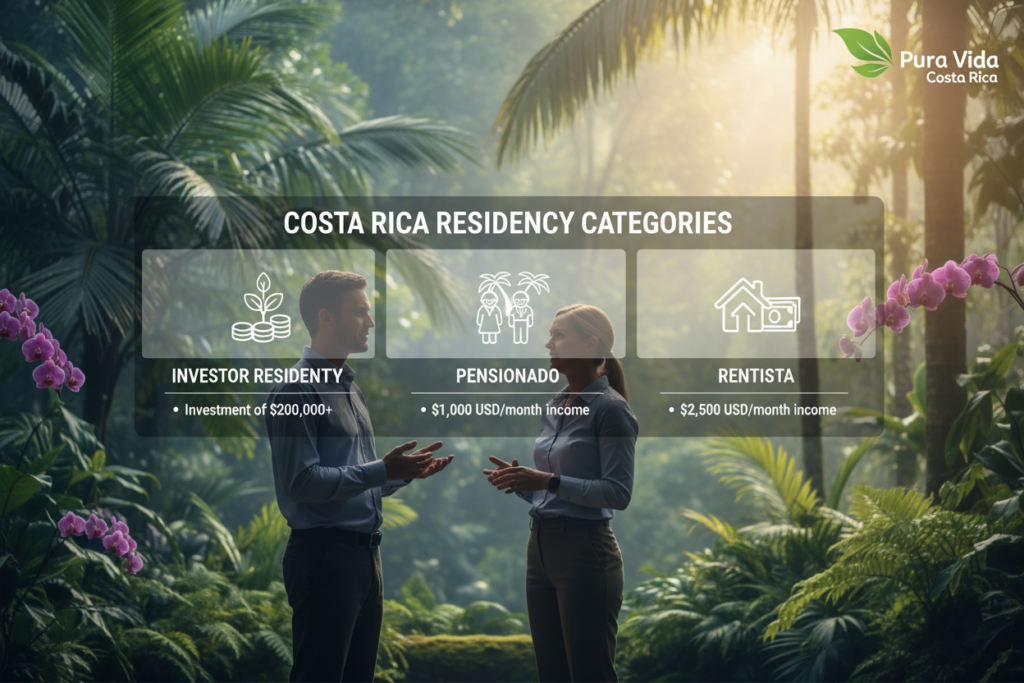 A professional and informative overview of Costa Rica residency categories, featuring an illustrated chart or infographic style. In the foreground, depict silhouettes of two Caucasian staff members in business casual attire, engaging in discussion. The middle layer displays various residency categories like Investor Residency, Pensionado, and Rentista with icons representing each type. The background features a soft-focus tropical landscape, showcasing Costa Rica's lush greenery and iconic flora such as palm trees and orchids. Natural lighting filters through, creating a warm and inviting atmosphere. The overall mood is one of clarity and professionalism, ideal for a financial and immigration context. Integrate the brand name "Pura Vida Costa Rica" seamlessly into the design.