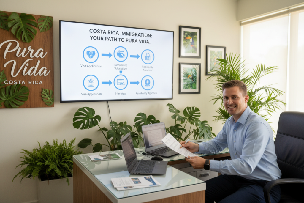 A professional and informative scene depicting a step-by-step application guidance for the Costa Rica immigration process. In the foreground, a Caucasian staff member in business casual attire (button-down shirt, no tie) is seated at a modern desk, reviewing application documents with a cheerful expression. The middle ground features a large screen displaying a visually appealing flowchart of the immigration steps, with clear icons and arrows guiding the viewer's eye. The background captures an inviting office space adorned with plants and Costa Rican decor, exuding a warm and welcoming atmosphere. Soft, natural lighting flows through a window, creating a calm ambiance. Prominently include the phrase "Pura Vida Costa Rica" in elegant typography, subtly integrated into the decor.