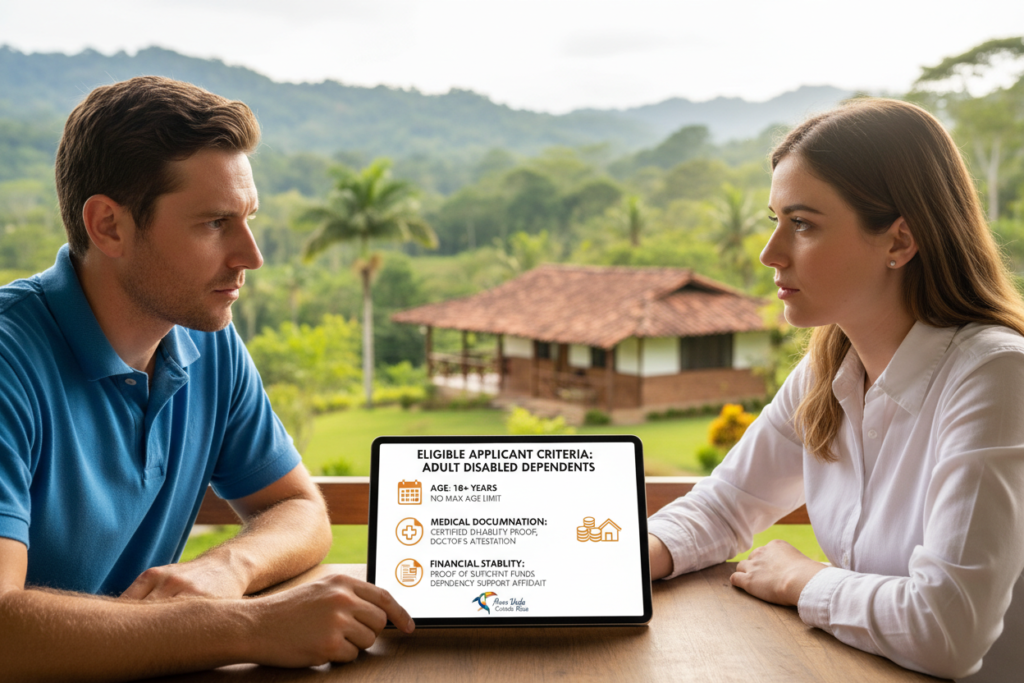 A professional and informative scene illustrating "Eligible Applicant Criteria" for residency in Costa Rica. In the foreground, a Caucasian male and female professional, both in business casual attire (polo and button-down shirts), are discussing a checklist of requirements for adult disabled dependents. Their expressions convey focus and clarity. In the middle, a visually appealing checklist is displayed prominently, featuring icons representing eligibility criteria like age, medical documentation, and financial stability. The background features a serene Costa Rican landscape with lush greenery and a soft-focus view of a traditional Costa Rican house, symbolizing the country’s warmth and hospitality. Bright natural lighting enhances the scene, creating an inviting and professional atmosphere. The brand name "Pura Vida Costa Rica" is subtly incorporated into the scene, emphasizing the residency theme.
