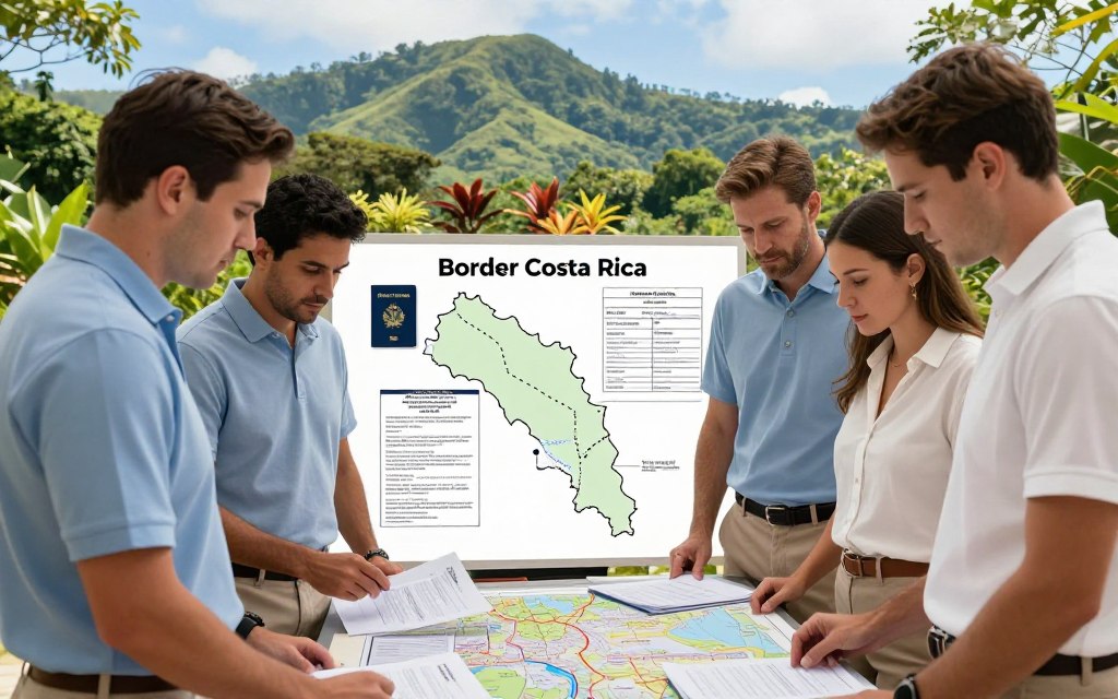 A professional and informative scene illustrating the legal considerations surrounding border runs in Costa Rica. In the foreground, a group of four Caucasian individuals in business casual attire (polo shirts and button-downs, no ties) are gathered around a table, studying documents and maps that represent border regulations. The middle ground features a visual aid displaying Costa Rica's border alongside elements such as passports and legal forms, symbolizing the process of border runs. The background shows a picturesque view of the Costa Rican landscape, emphasizing its natural beauty, with lush green hills and vibrant flora under a bright blue sky. Soft, natural lighting bathes the scene, creating a sense of clarity and professionalism. Incorporate the brand name "Pura Vida Costa Rica" subtly within the composition.